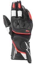 Alpinestars SP-2 V3 Gloves, Motorcycle Racing Gloves, Black with White and Bright Red accents, featuring a hard TPU knuckle guard, perforated leather construction on the cuff, white accordion stretch panels on fingers, and prominent GP Series branding.
