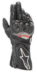 Alpinestars SP-8 V3 Leather Gloves, Black Motorcycle Racing Gloves, featuring dual-density knuckle protection, red and grey 'SP-8' branding, white star logo on the perforated cuff, reinforced finger padding, and full-grain leather construction for sport riding