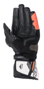 Alpinestars SP-8 V3 Gloves, Motorcycle Racing Gloves, Black White and Red Fluo, palm view showing textured grip inserts and reinforced palm, hook and loop cuff closure with 'SAFE RETENTION' strap and white 'PULL' tab, perforated leather detailing