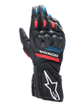 Alpinestars Honda SP-8 V3 Gloves, Motorcycle Racing Gloves, Black with Bright Red and Blue accents, featuring hard dual-density knuckle protection, perforated leather construction, Honda branding on the wrist, and a large white Alpinestars logo on the cuff.
