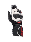 Alpinestars SP-8 V3 Air Gloves, men's motorcycle racing gloves in black and white with red accents and knuckle protection.