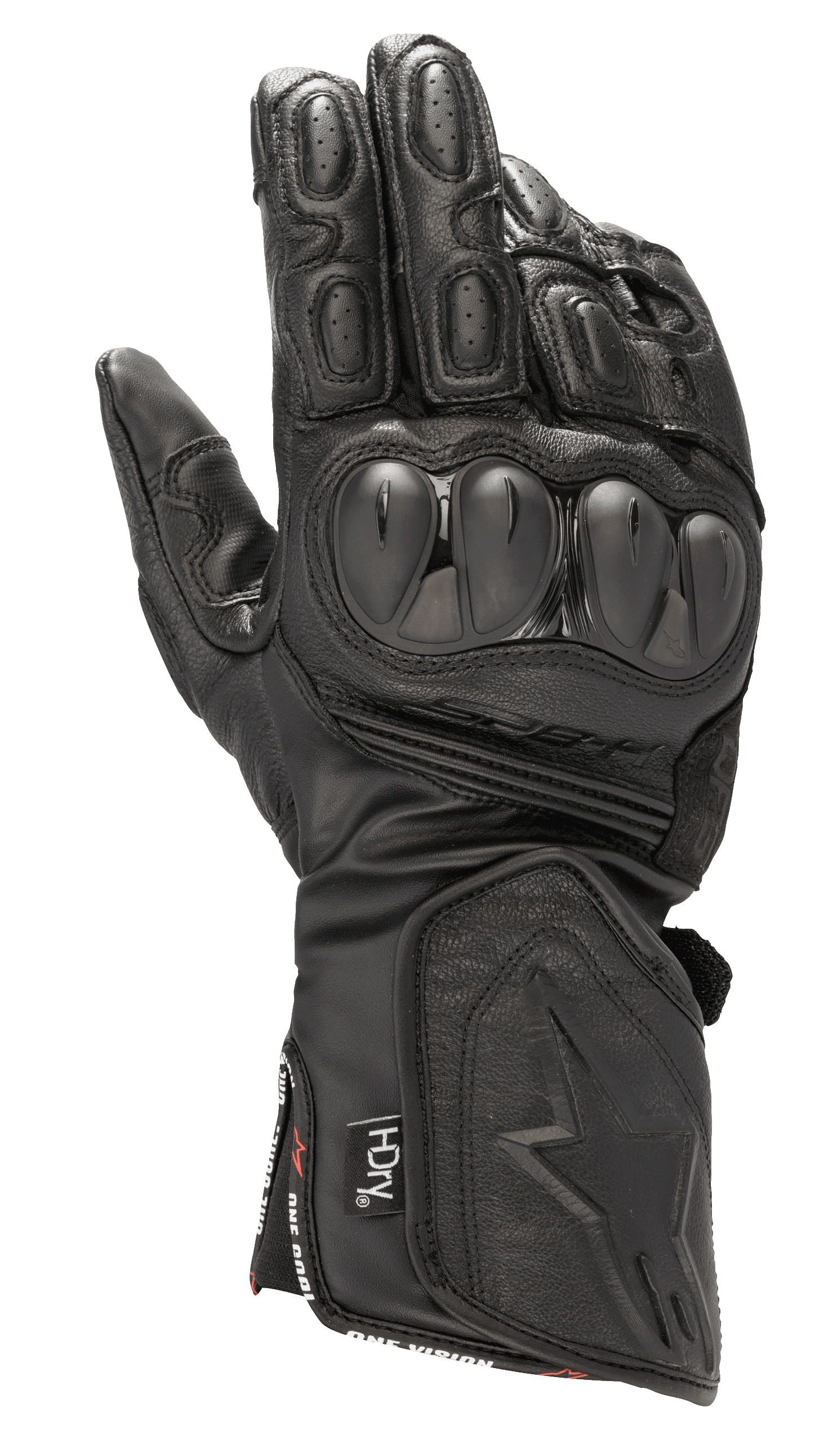 Alpinestars SP-8 HDry Gloves, Waterproof Motorcycle Racing Gloves, Black, dual-density hard knuckle protectors, textured leather with perforations, padded fingers, long gauntlet cuff with embossed star logo, and HDry technology branding
