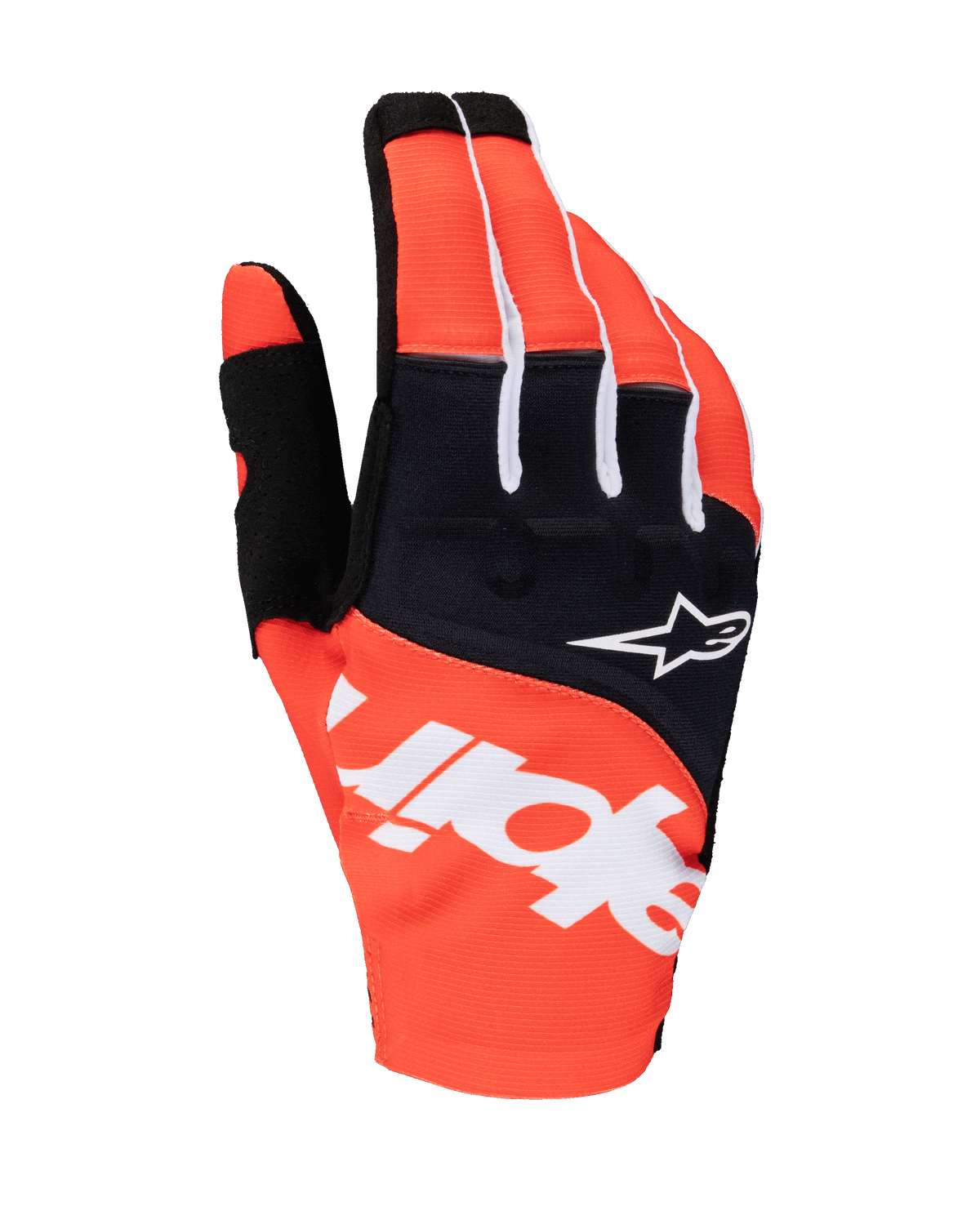 Alpinestars 2025 Techstar Gloves, Motocross Gloves, Black and Hot Orange, featuring white Alpinestars branding across the backhand, white star logo on black knuckle panel, performance textile gear for off-road racing