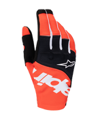 Alpinestars 2025 Techstar Gloves, Motocross Gloves, Black and Hot Orange, featuring white Alpinestars branding across the backhand, white star logo on black knuckle panel, performance textile gear for off-road racing