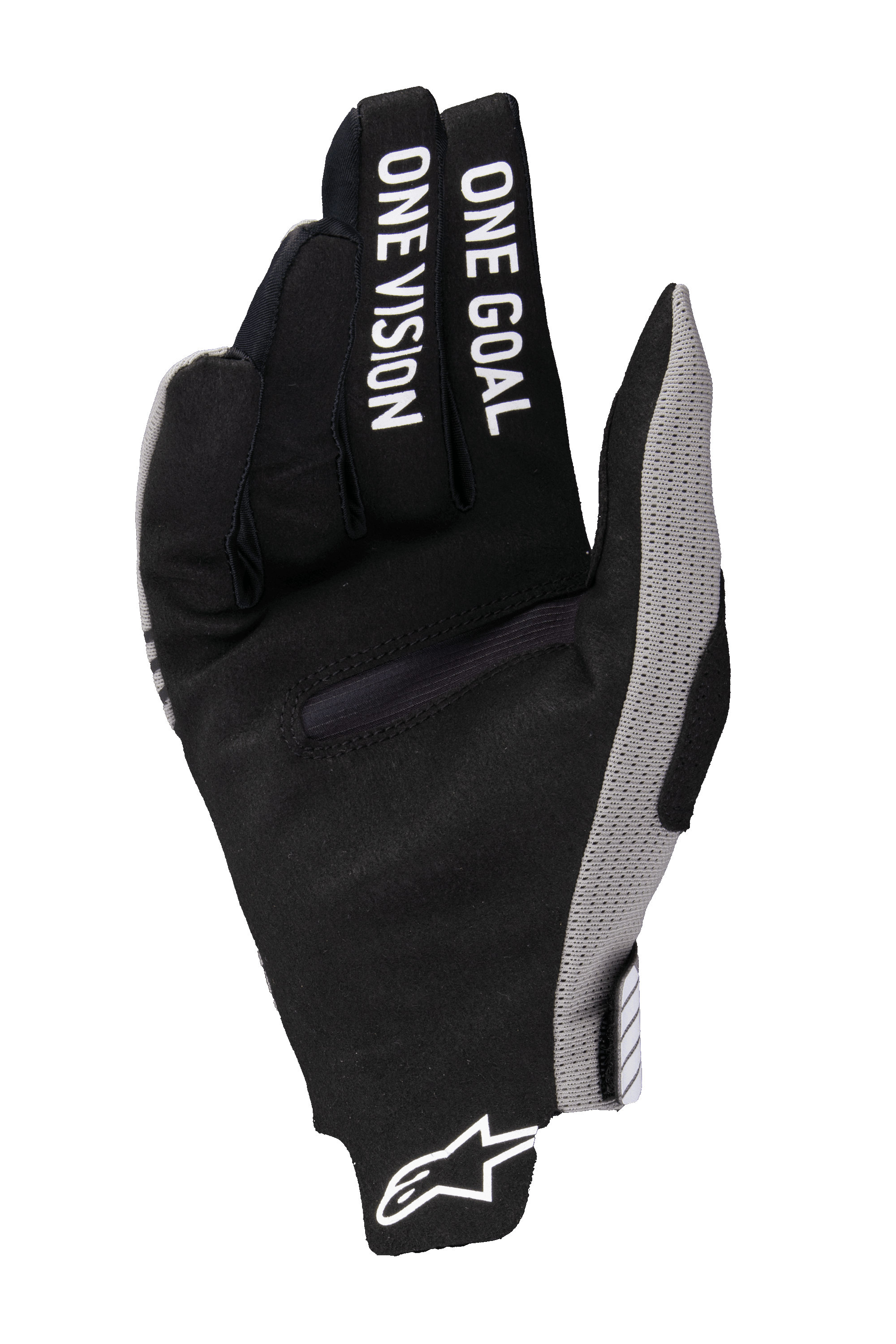 Alpinestars 2025 Radar Pro Gloves, Motocross Gloves, Black with Grey accents, palm view featuring 'ONE GOAL ONE VISION' printed on the fingers, synthetic suede material, minimalist design for off-road performance