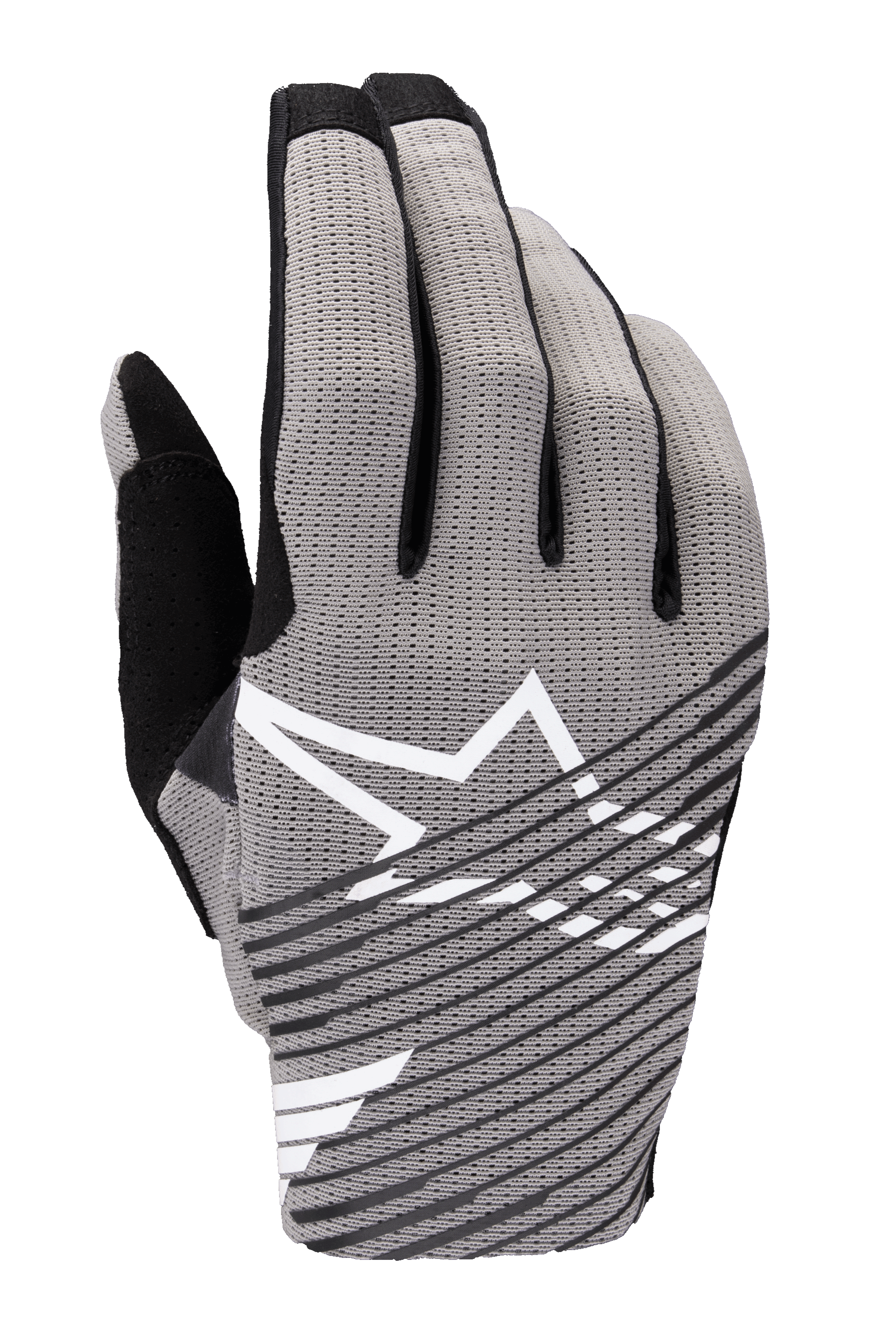 Alpinestars 2025 Radar Pro Gloves, Motocross Gloves, Gray with Black and White accents, featuring breathable 4-way stretch mesh backhand, white star logo, black diagonal striped design, minimalist performance racing style