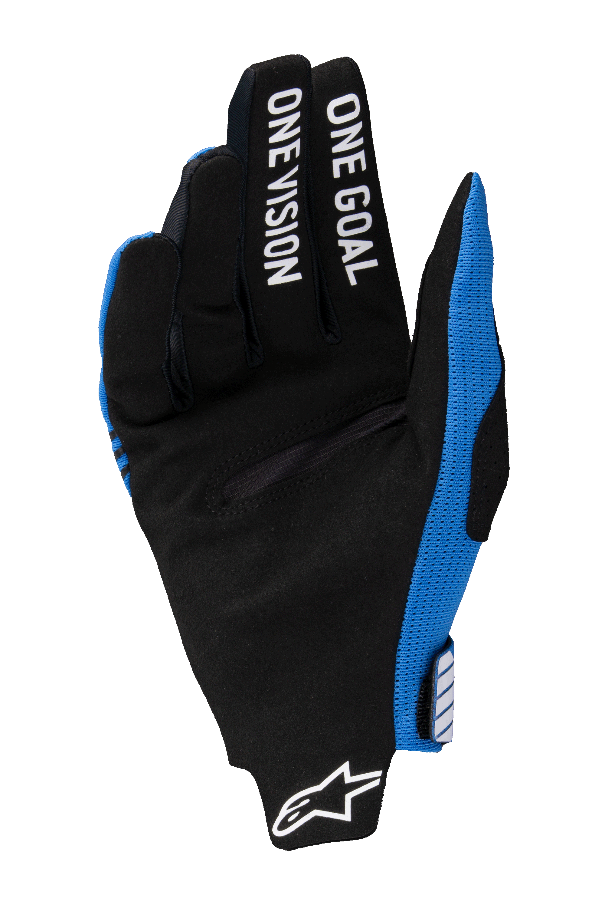 Alpinestars 2025 Radar Pro Gloves, Motocross Gloves, Blue and Black, palm view with black synthetic suede, white "ONE GOAL ONE VISION" printed on the fingers, white Alpinestars logo at the wrist, lightweight off-road racing design