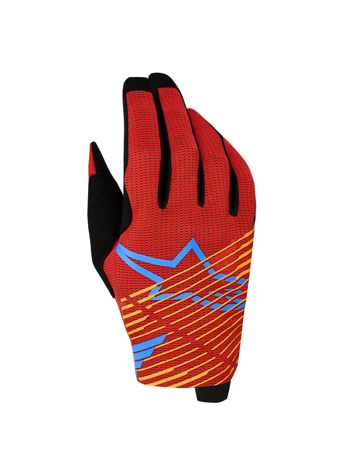 Alpinestars Radar Pro Gloves 2027, red and black motocross racing gloves with 4-way stretch mesh and star graphic.