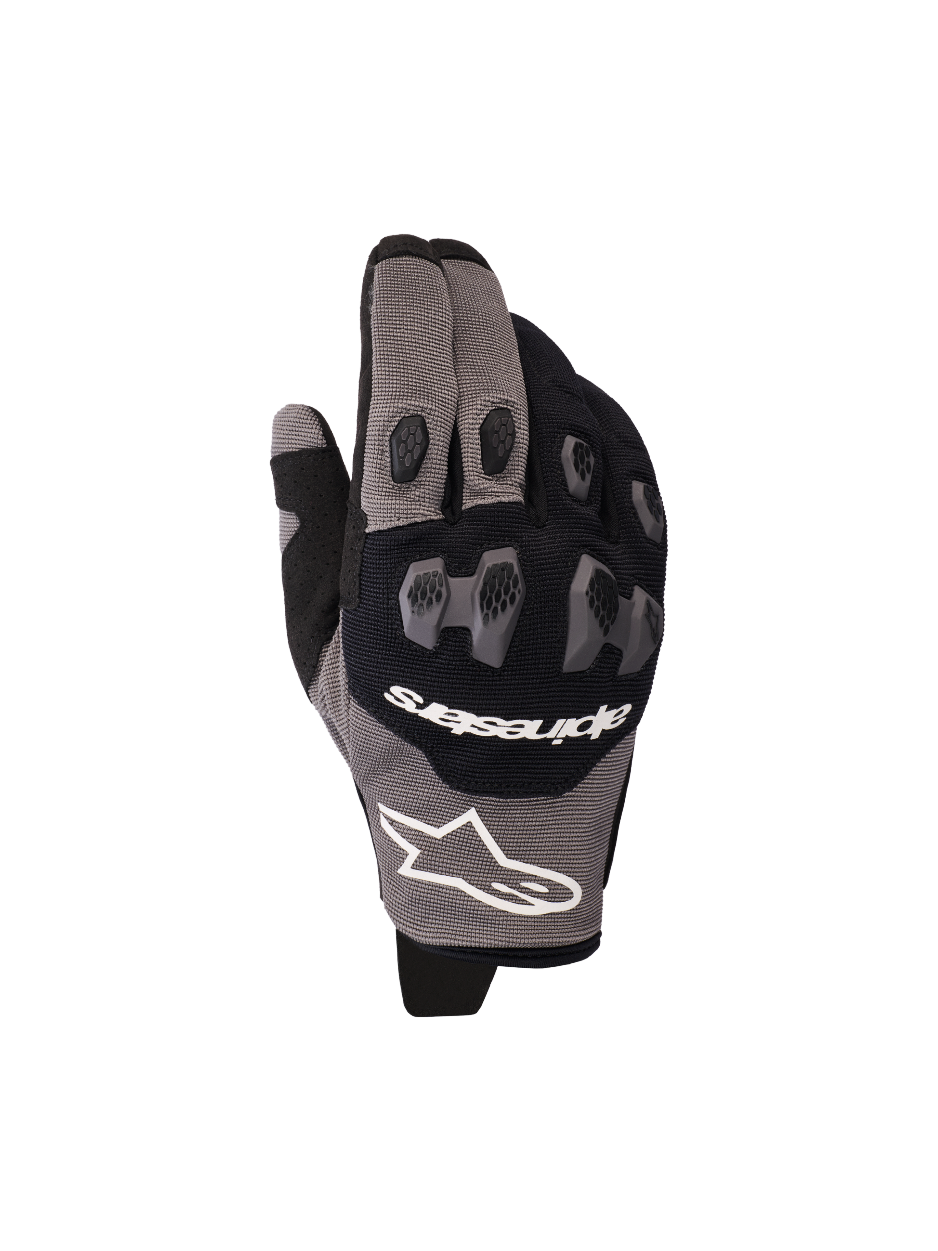 Alpinestars 2026 Pro-Dura Gloves, motorcycle gloves, Black and Gray, featuring two-piece TPR knuckle protection with a hexagonal pattern, white Alpinestars logo, mesh and multi-panel stretch construction, designed for enduro and off-road riding performance.