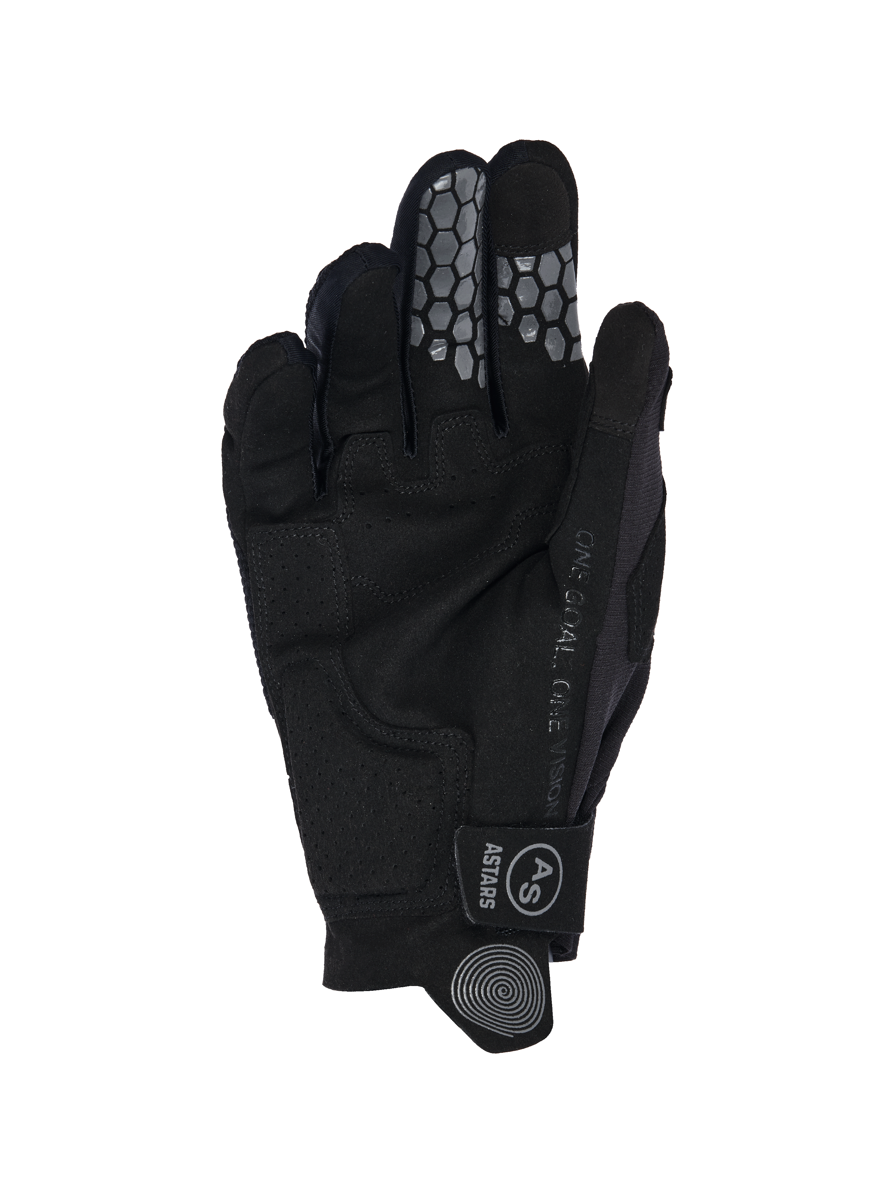 Alpinestars 2026 Radar Pro Gloves, Motocross Gloves, Black, palm side view showing synthetic suede construction, grey honeycomb silicone grip on index and middle fingers, "One Goal. One Vision." text along the side, and hook and loop closure strap with AS logo.