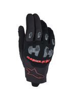 Alpinestars 2026 Pro-Dura Gloves, Motocross and Enduro Gloves, Black and Bright Red, featuring gray TPR knuckle and finger guards with a hexagonal pattern, breathable mesh backhand, red Alpinestars text, and a maroon star logo on the cuff