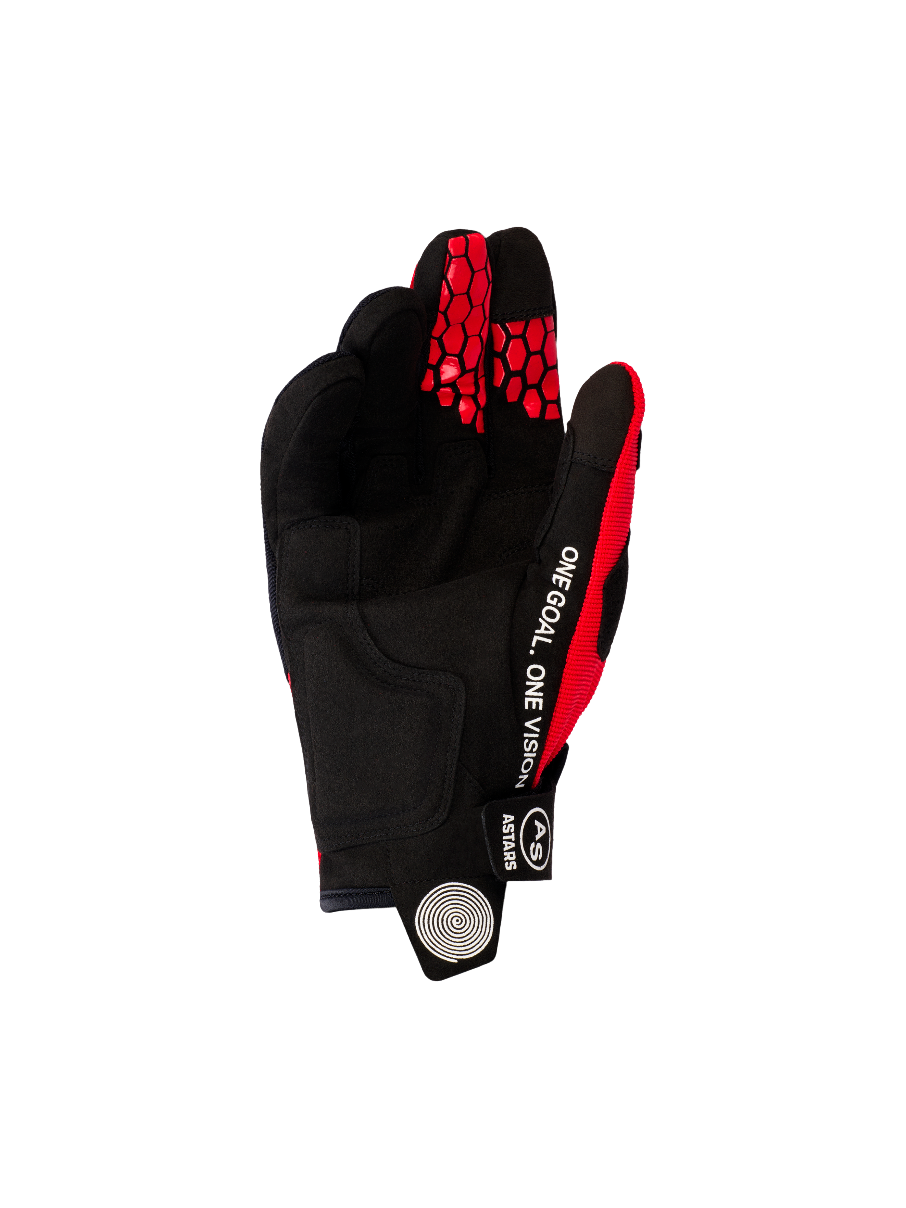 Alpinestars 2026 Pro-Dura Gloves, Motocross and Enduro Gloves, Bright Red and Black, palm side view featuring black synthetic suede, white 'ONE GOAL. ONE VISION' text on the side, and red honeycomb patterns on the fingertips.