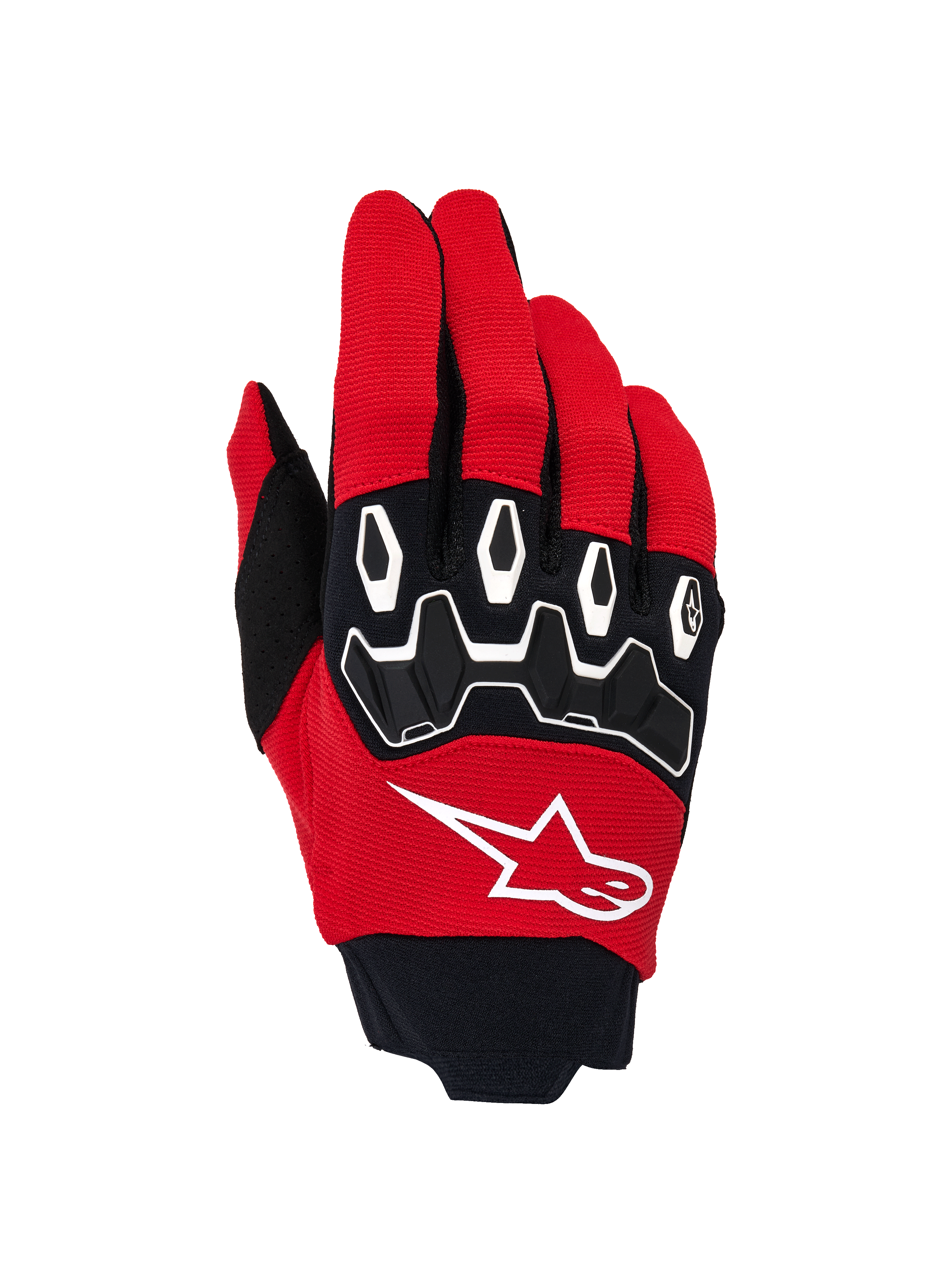 Alpinestars Full Bore V2 Gloves, Motocross Gloves, Bright Red and Black, featuring a white star logo on the backhand, ergonomic TPR knuckle protectors with white highlights, and breathable stretch fabric for off-road performance