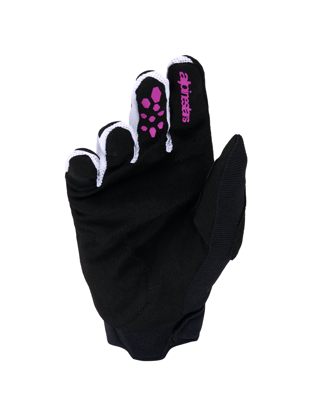 Alpinestars Full Bore V2 Gloves, Motocross Gloves, Purple and Black, palm view featuring black synthetic suede, purple silicone grip on fingers, Alpinestars logo on the index finger, white ventilated mesh between fingers, and black neoprene cuff