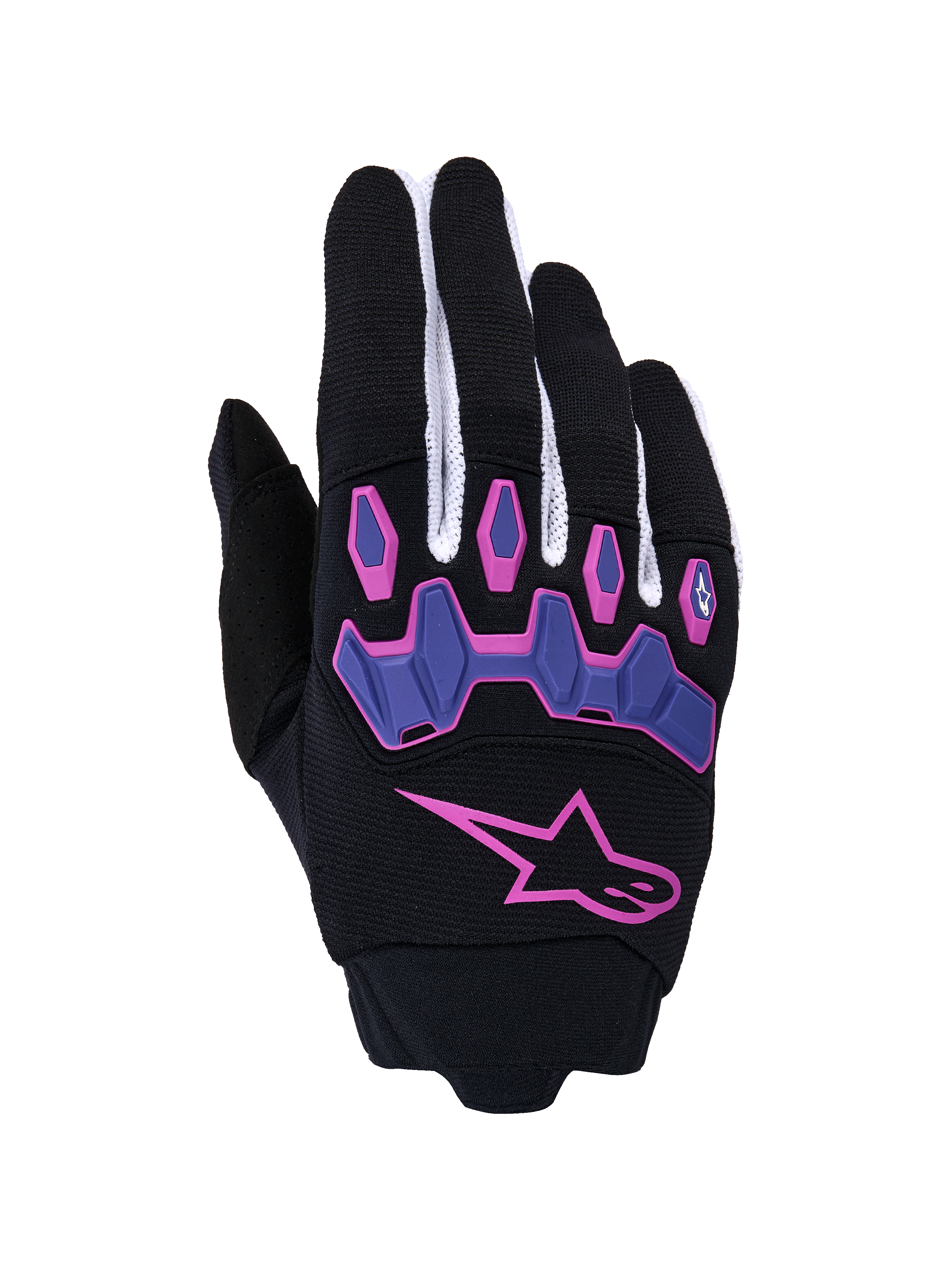 Alpinestars Full Bore V2 Gloves, Motocross Gloves, Black and Purple with Pink accents, featuring a large pink star logo and articulated purple knuckle protectors, white mesh finger panels, off-road performance gear