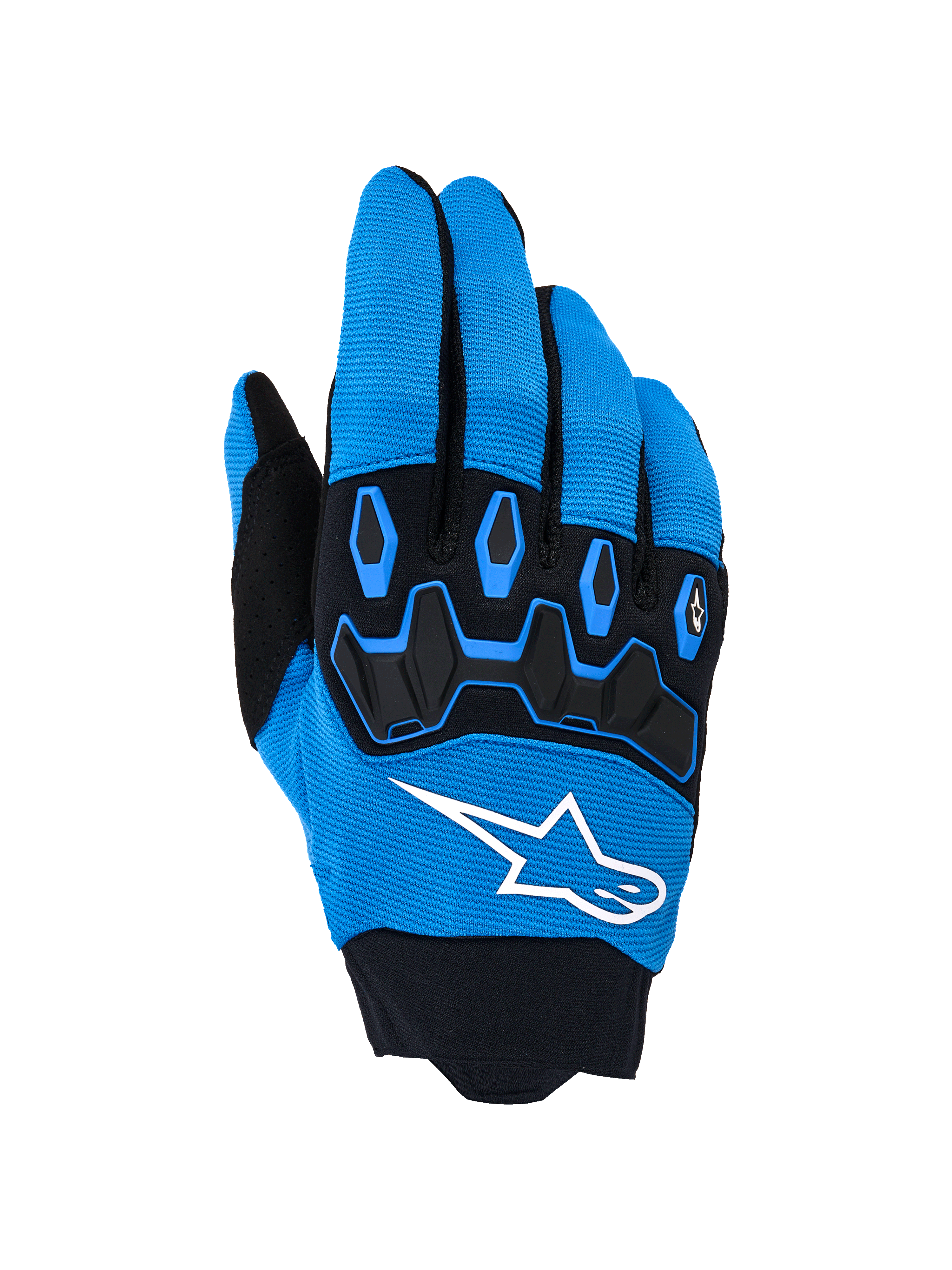Alpinestars Full Bore V2 Gloves, Motocross Riding Gloves, Ucla Blue and Black, featuring a bold white logo and black TPR knuckle protection on a breathable stretch fabric backhand, designed for high-performance off-road racing