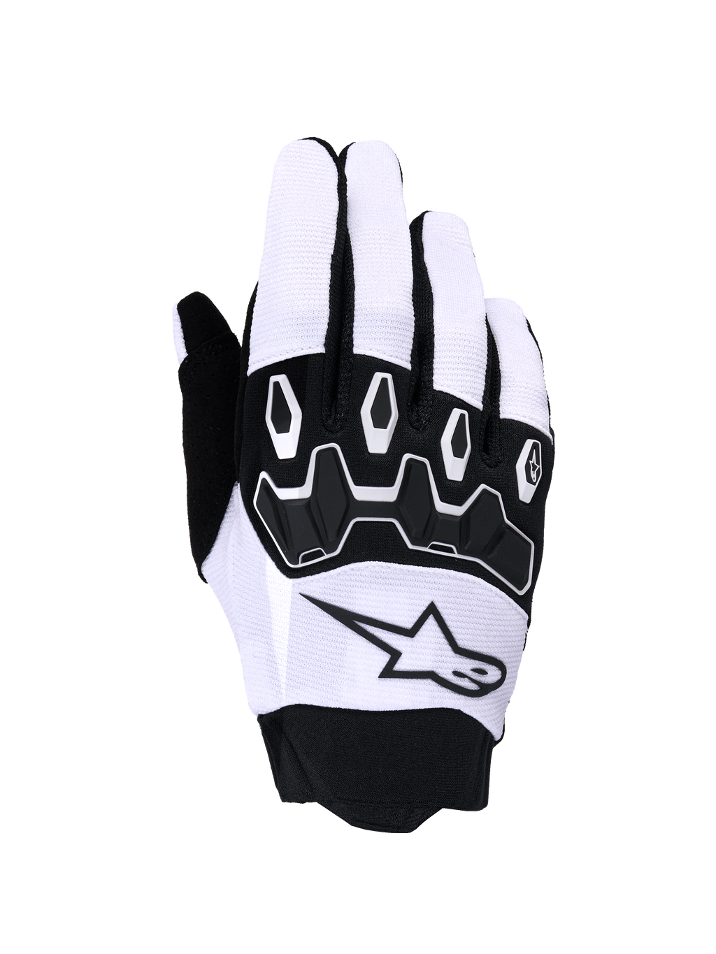 Alpinestars Full Bore V2 Gloves, Motocross Gloves, Light Gray and Black, featuring black segmented TPR knuckle protection, breathable textile upper with a star logo, and a neoprene cuff, designed for off-road performance