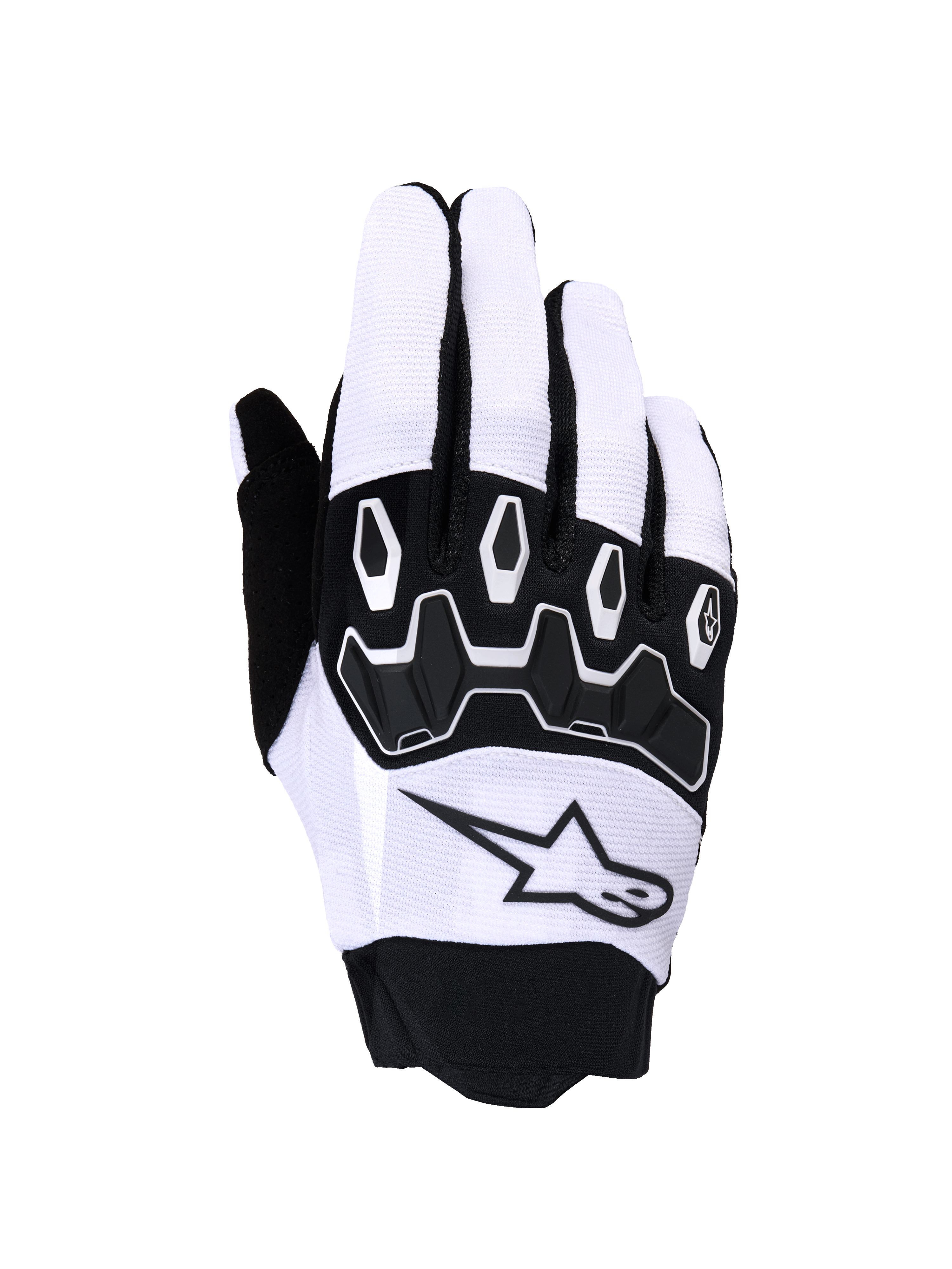 Alpinestars Full Bore V2 Gloves, Motocross Gloves, Light Gray and Black, featuring black segmented TPR knuckle protection, breathable textile upper with a star logo, and a neoprene cuff, designed for off-road performance