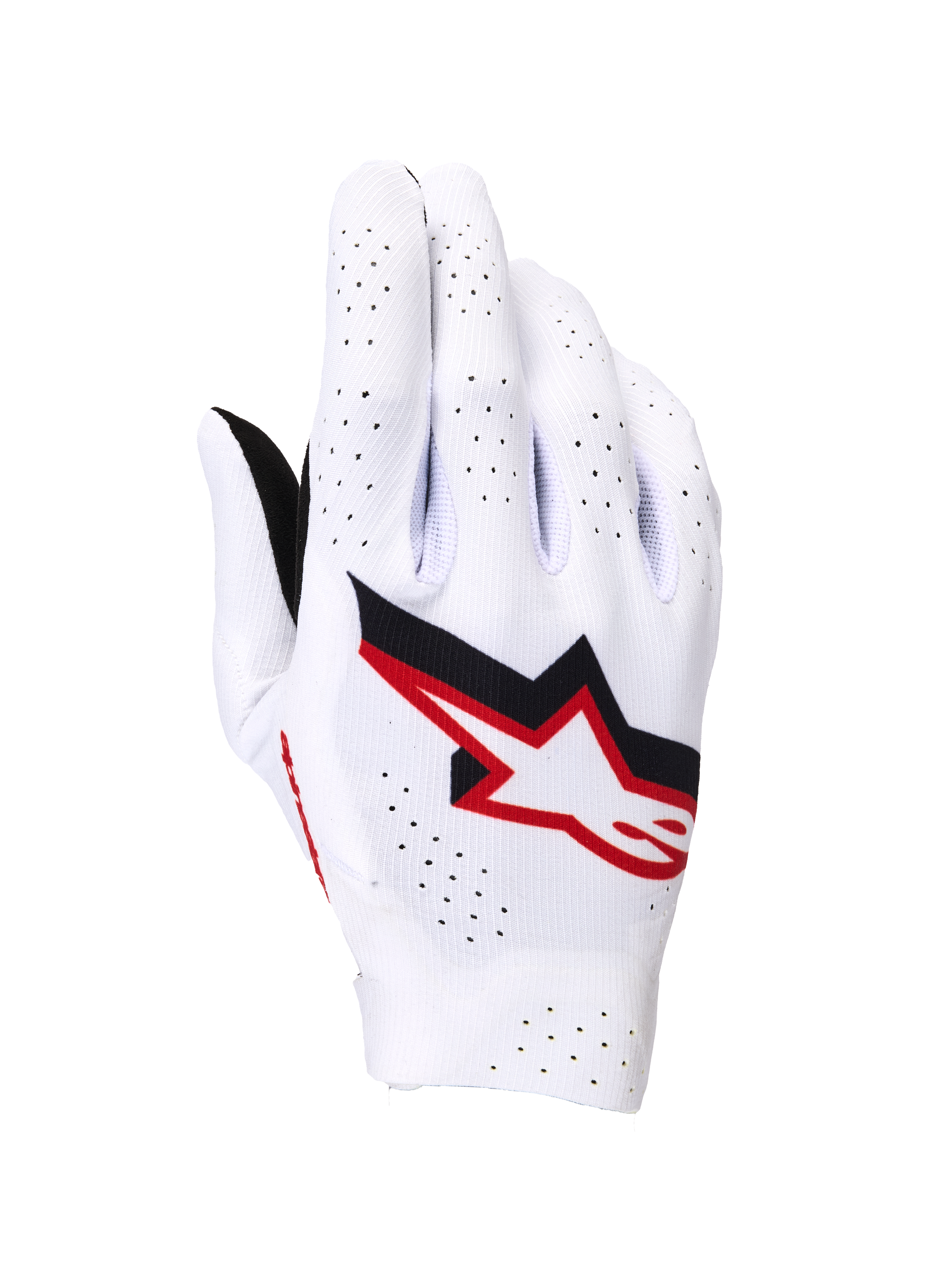 Alpinestars Supertech MX Gloves, Motocross Gloves, White with Black and Fire Red accents, backhand view featuring a bold Astar logo, extensive laser perforations for ventilation, and a lightweight seamless stretch construction for professional racing.