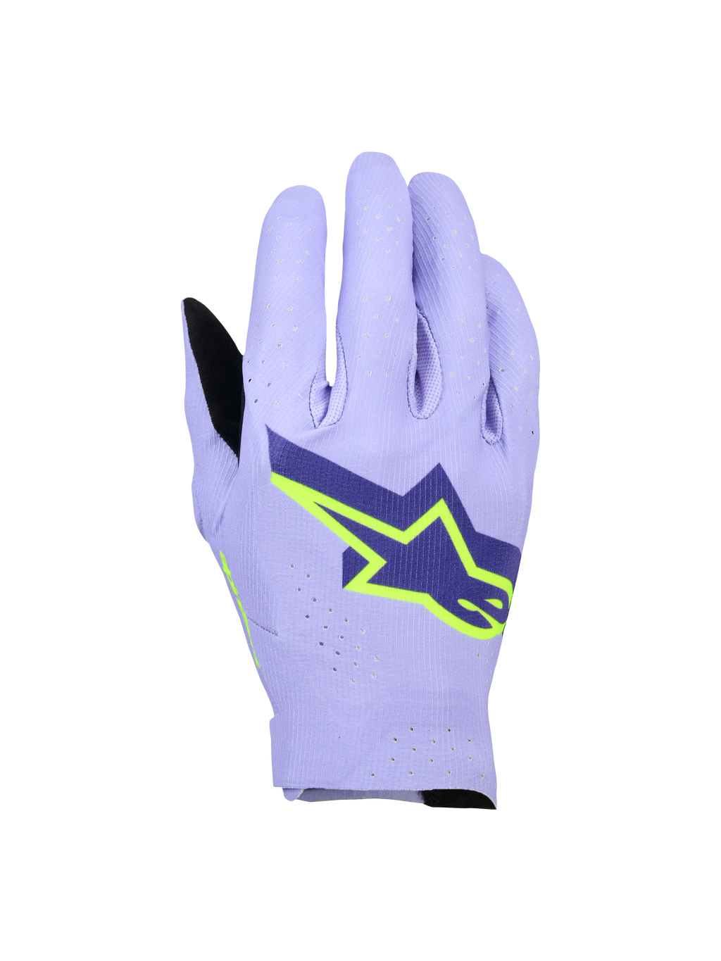 Alpinestars Supertech MX Gloves, Motocross Racing Gloves, Lavender Violet and Fluo Yellow, featuring a large navy and neon yellow star logo, laser-perforated backhand for breathability, lightweight single-layer stretch design for off-road racing.