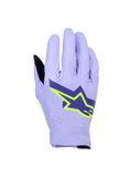 Alpinestars Supertech MX Gloves, Motocross Racing Gloves, Lavender Violet and Fluo Yellow, featuring a large navy and neon yellow star logo, laser-perforated backhand for breathability, lightweight single-layer stretch design for off-road racing.