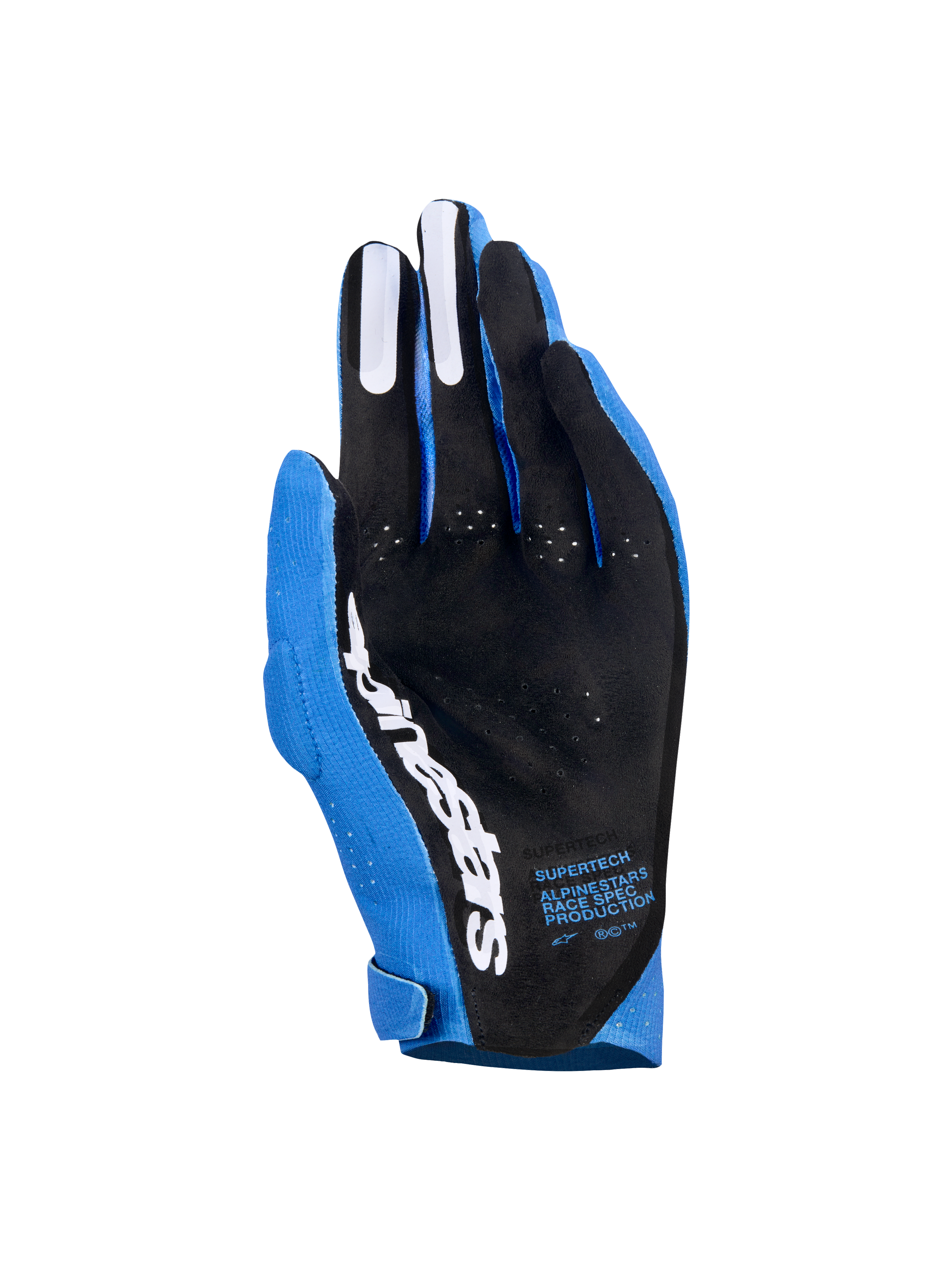 Alpinestars Supertech MX Gloves, Motocross Gloves, Ucla Blue and Deep Blue with White accents, palm view showing black perforated material, white Alpinestars logo, silicone finger grips, and technical text, professional off-road racing gear