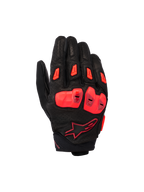 Alpinestars SP X 7 Gloves, Short-Cuff Motorcycle Sport Gloves, Black and Red Fluo, featuring perforated leather chassis with double-density TPU knuckle protection, TPR finger sliders, and a compact cuff design