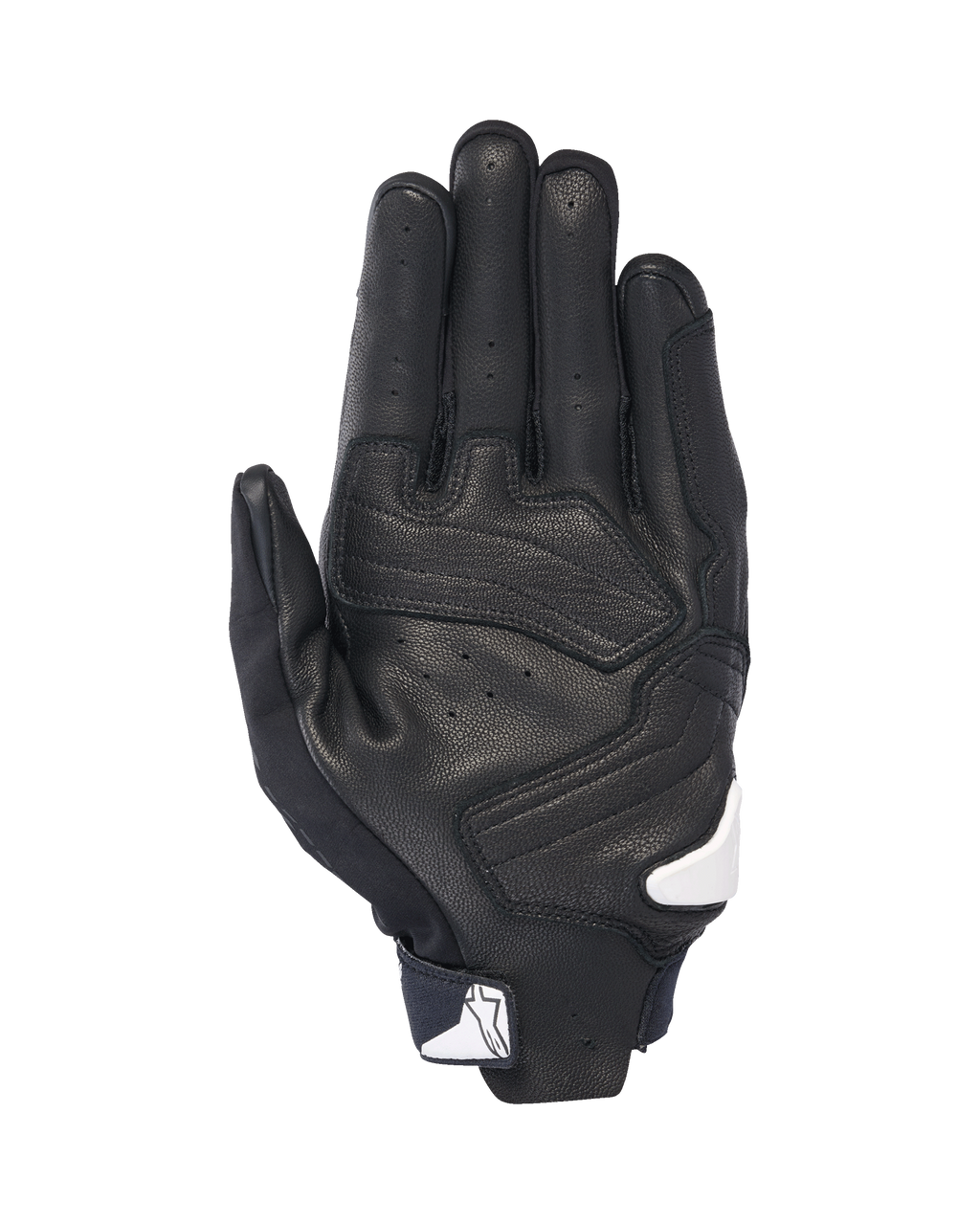 Alpinestars SP X 7 Gloves, Palm view, Black with white accents, short-cuff motorcycle gloves featuring perforated leather, reinforced palm overlays, and white Alpinestars logo on the wrist closure