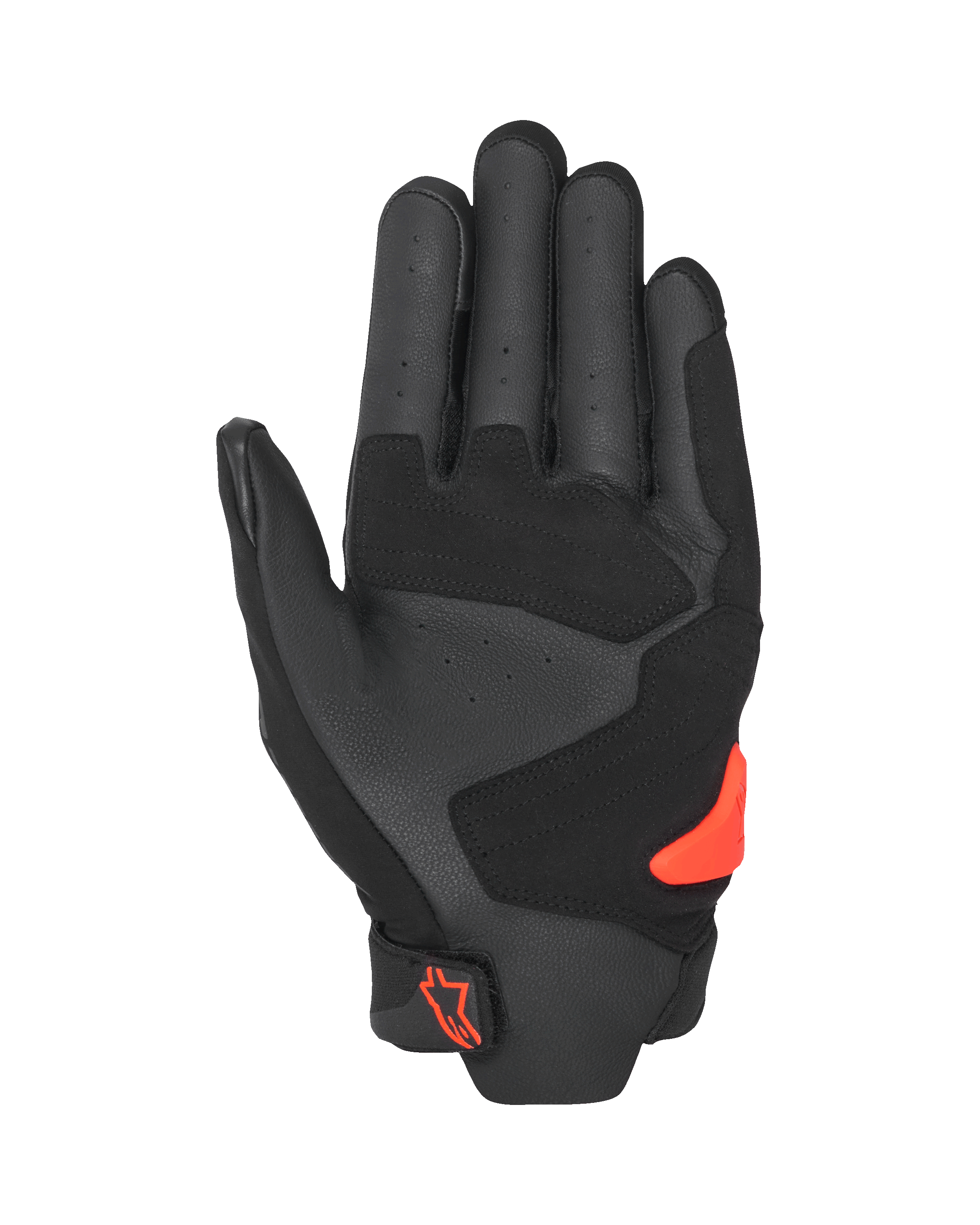 Alpinestars SP X 5 Air Gloves, Palm View, Black and Red Fluo, perforated leather palm with reinforced panels, bright red TPR palm slider, red Alpinestars logo on the wrist closure, sport motorcycle gloves