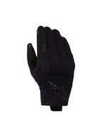 Alpinestars Reef V2 Gloves, Black, short cuff motorcycle gloves with textured stretch fabric, ergonomic design featuring brand logo on the index finger and star emblem on the back of the hand