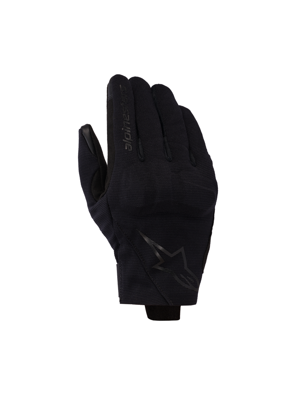 Alpinestars Reef V2 Gloves, Black, short cuff motorcycle gloves with textured stretch fabric, ergonomic design featuring brand logo on the index finger and star emblem on the back of the hand