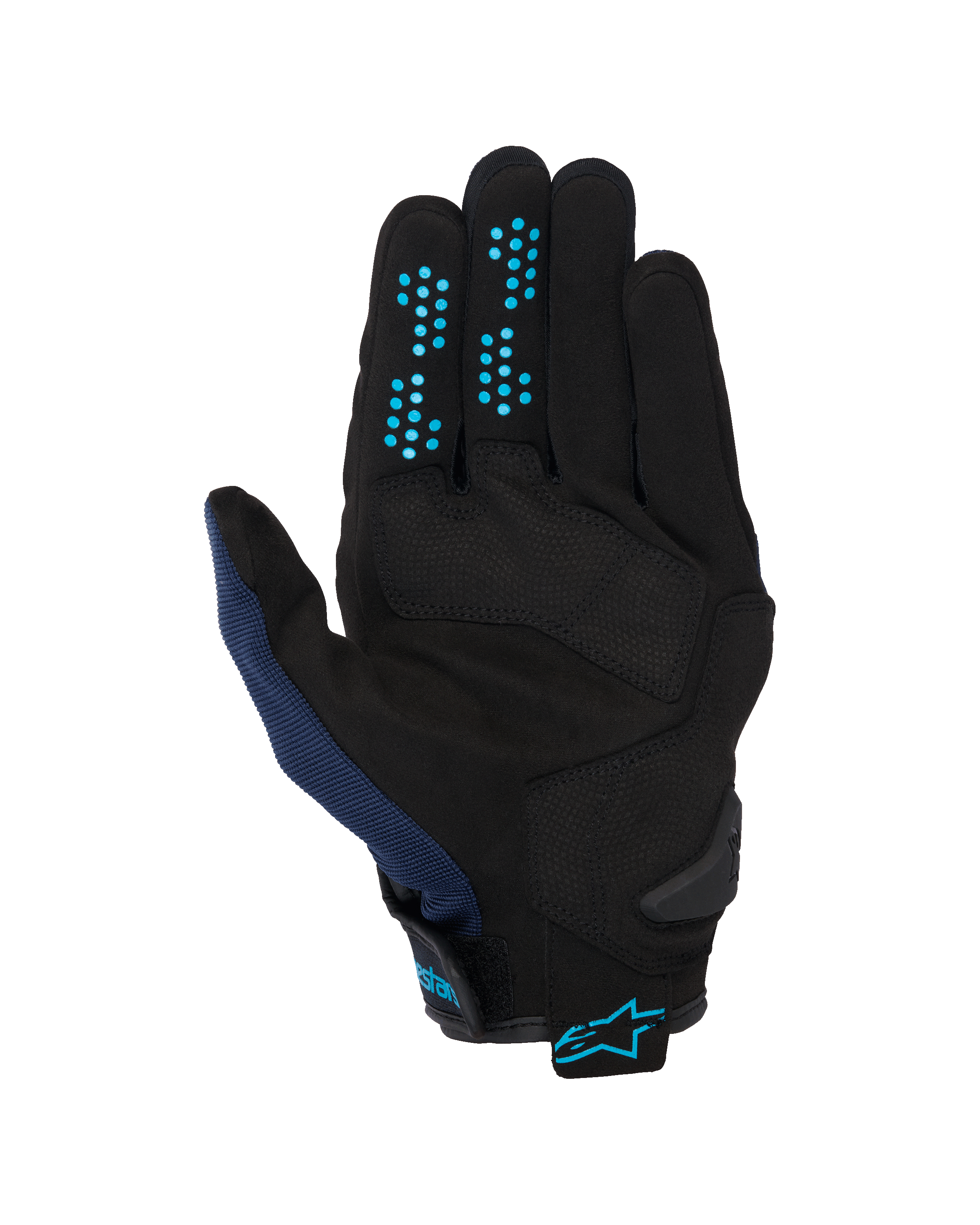 Alpinestars Chrome V2 Gloves, Dark Blue Hawaiian Ocean, palm view, black synthetic suede construction with blue silicone grip dots on fingers, breathable mesh on thumb, and adjustable cuff with blue Alpinestars logo.