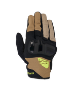 Alpinestars Chrome V2 Gloves, Short Cuff Motorcycle Gloves, Dark Khaki and Black, featuring hard knuckle protection, breathable mesh panels, and fluorescent yellow Alpinestars logo, urban road riding gear