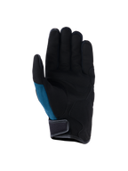 Alpinestars Ignite Gloves, Urban Motorcycle Gloves, Indigo Blue and Black, palm view featuring synthetic suede with strategic padding, teal mesh side panel, and short-cuff design with hook-and-loop closure