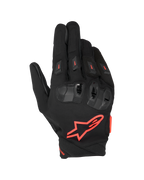 Alpinestars SP X 3 Gloves, Motorcycle Racing Gloves, Black and Red Fluo, featuring a large red star logo on the backhand, dual-density TPU knuckle protection with red accents, and ventilated finger sliders, sporty protective design for road riding