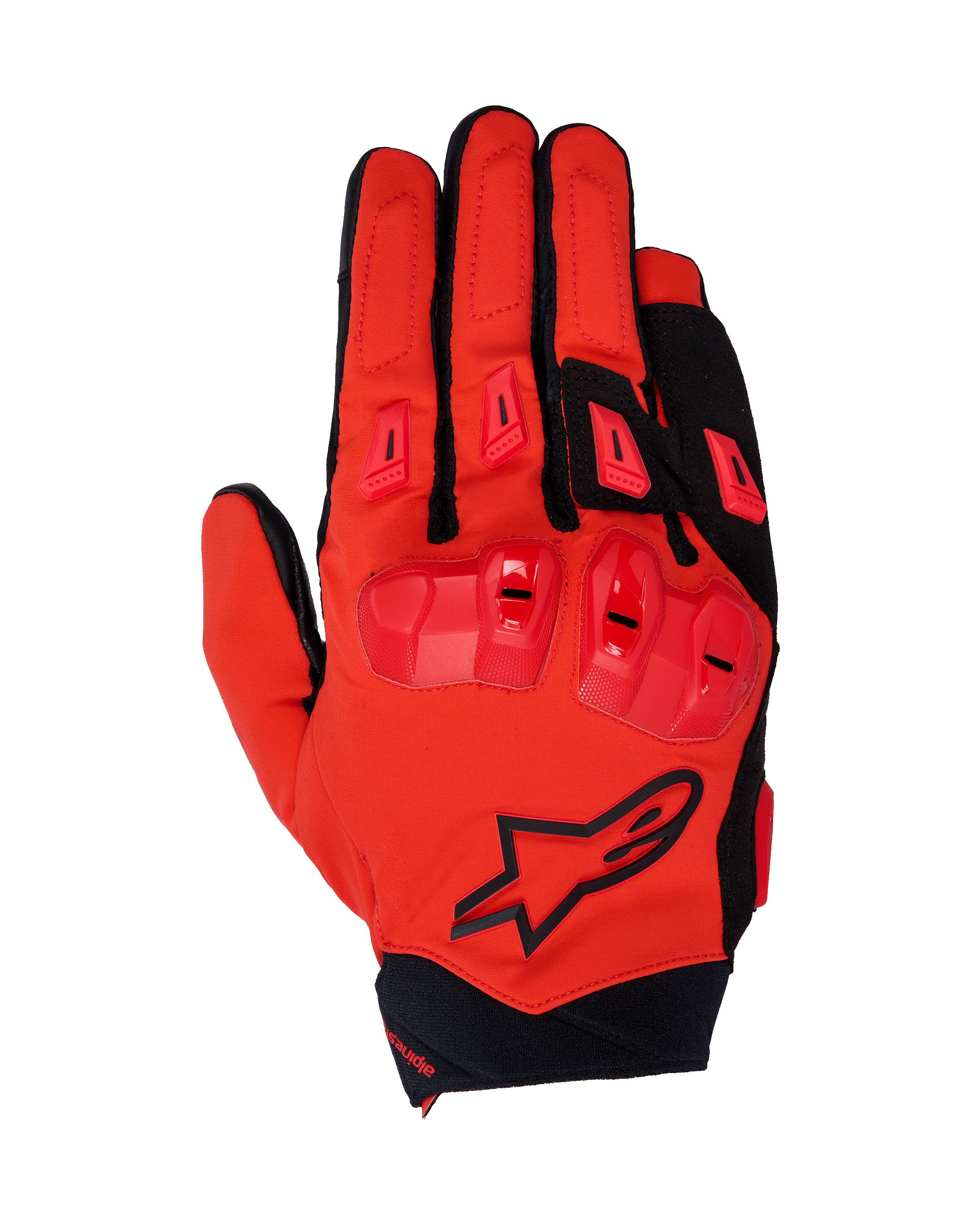 Alpinestars 2025 SP X 3 Gloves, Motorcycle Racing Gloves, Bright Red and Black, featuring TPU double-density knuckle protection and finger sliders, top view showing stretch mesh construction and black star logo