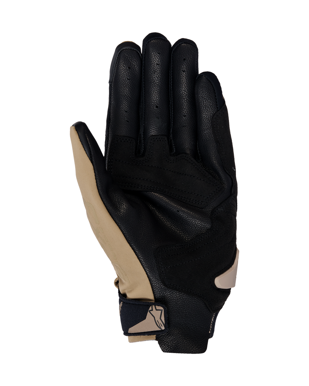 Alpinestars SP X 3 Gloves, Motorcycle Gloves, Dark Khaki Sand Black, palm side view featuring perforated black leather and khaki synthetic overlays, compact wrist strap with logo, ergonomic design for sport and road riding