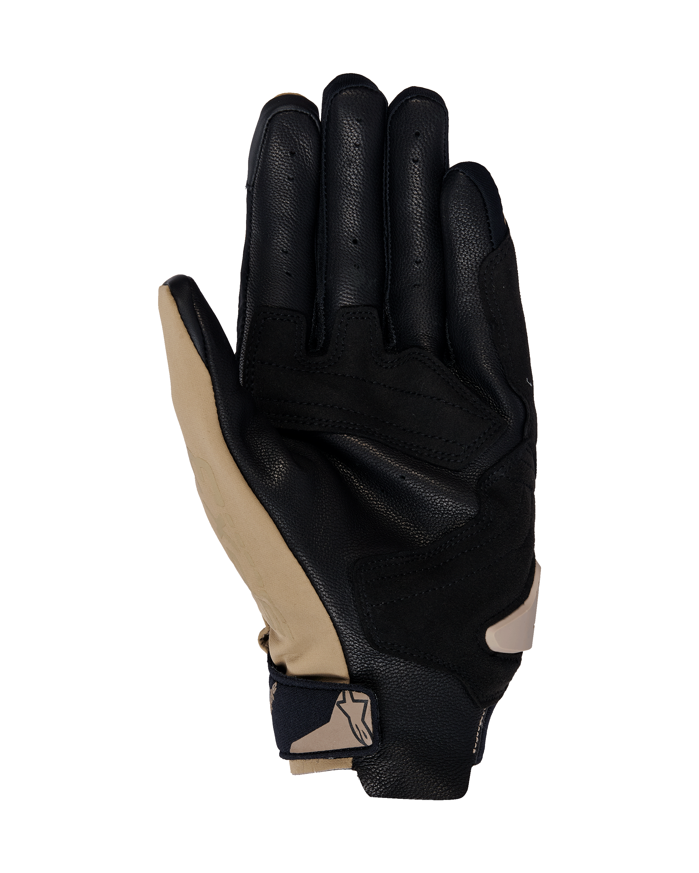 Alpinestars SP X 3 Gloves, Motorcycle Gloves, Dark Khaki Sand Black, palm side view featuring perforated black leather and khaki synthetic overlays, compact wrist strap with logo, ergonomic design for sport and road riding