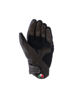Alpinestars Mustang V3 Leather Gloves, Dark Brown and Black, palm side view, featuring reinforced leather construction, short cuff with hook and loop closure, and small embroidered shield patch, urban motorcycle riding gear