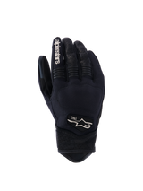 Alpinestars Tracker Gloves, Motorcycle Gloves, Black, reinforced knuckles with textured surface, white 1963 logo on back, white branding on index finger, detailed stitching, patterned wrist area, snug fit design