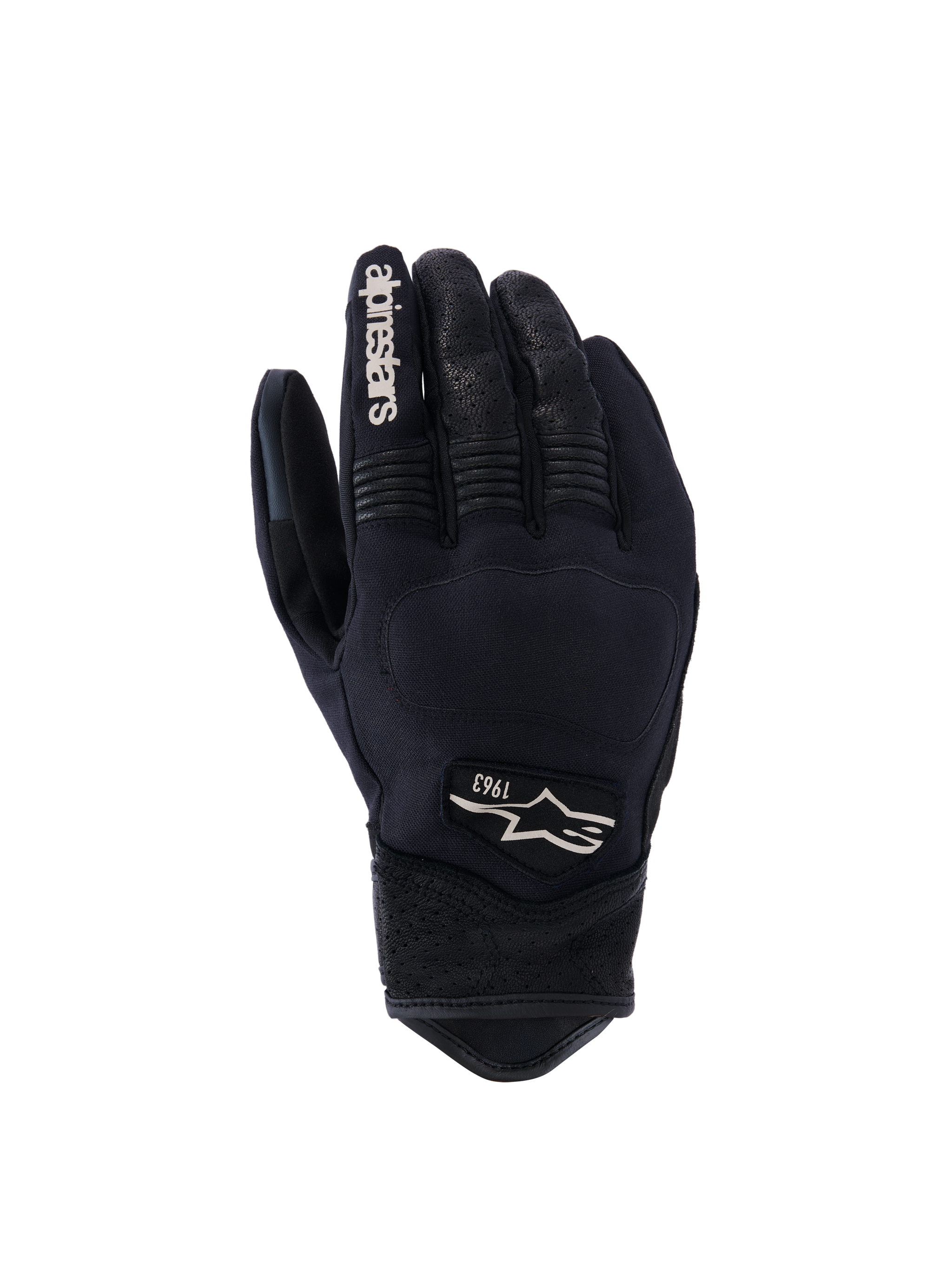Alpinestars Tracker Gloves, Motorcycle Gloves, Black, reinforced knuckles with textured surface, white 1963 logo on back, white branding on index finger, detailed stitching, patterned wrist area, snug fit design