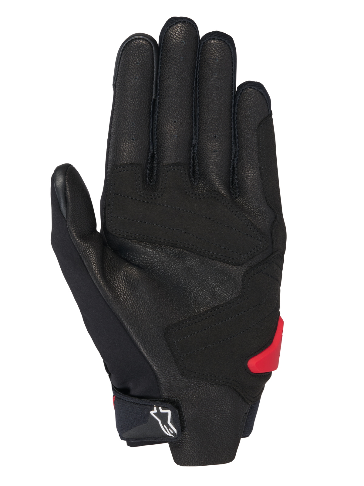 Alpinestars Honda SP X 3 Gloves, Motorcycle Gloves, Black with Bright Red accents, palm view featuring perforated leather, synthetic overlays for grip, a red TPR palm slider, and a white Alpinestars logo on the adjustable cuff