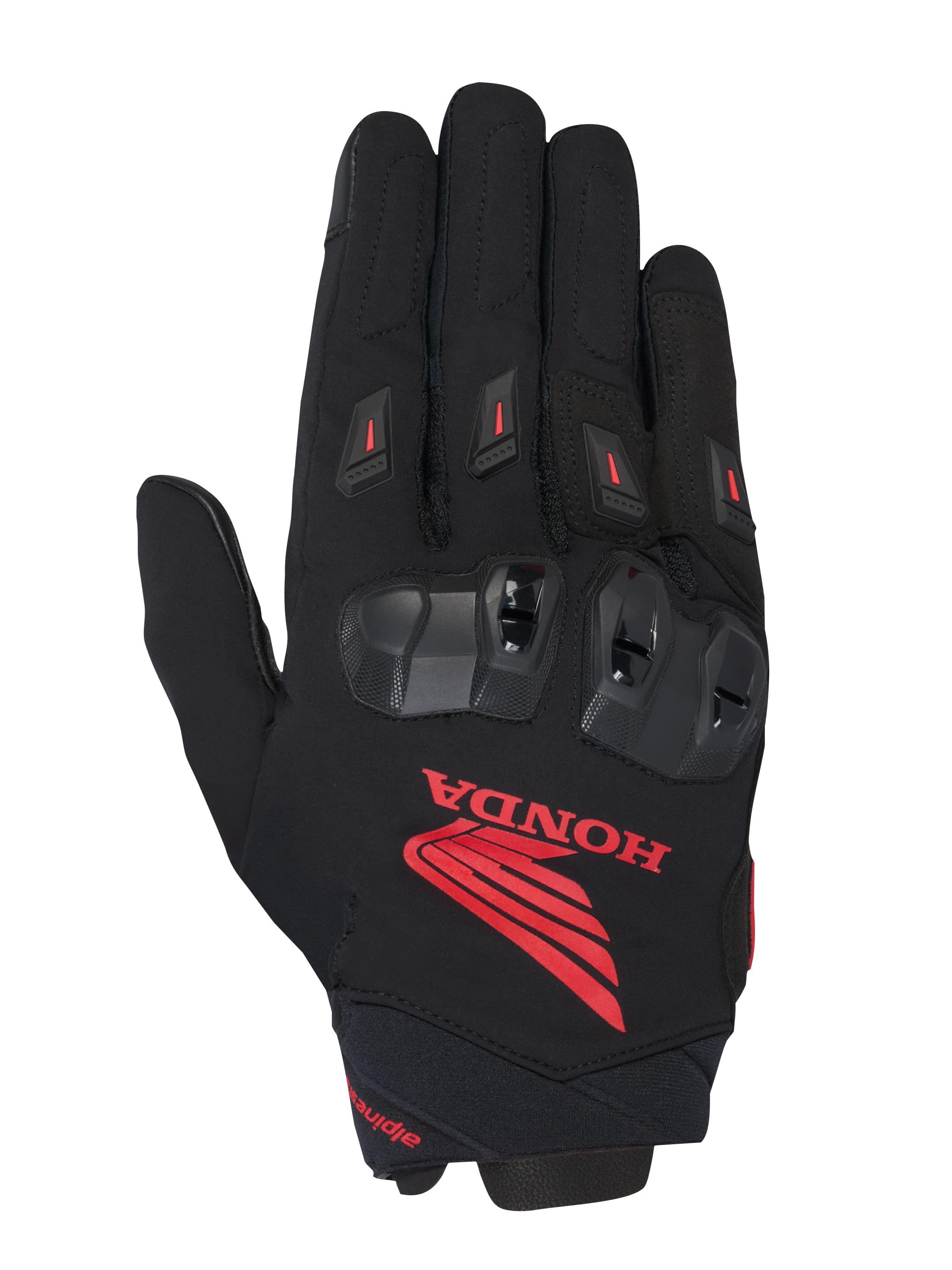 Alpinestars Honda SP X 3 Glove, Motorcycle Sport Glove, Black with prominent Red Honda logo, black TPU knuckle protectors, red finger sliders, technical textile and leather construction