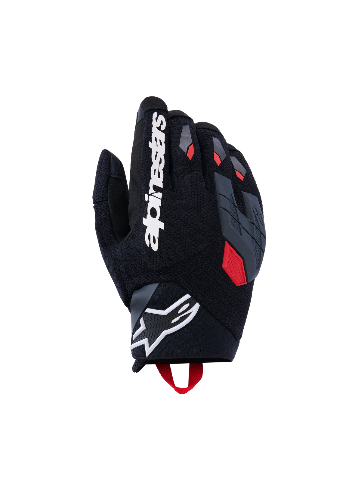 Alpinestars Durack Gloves, Motorcycle Gloves, Black with Deep Gray and Bright Red accents, featuring a textured textile backhand, divided gray knuckle protection, large white Alpinestars wordmark on the index finger, and a white star logo on the neoprene wrist.
