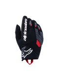 Alpinestars Durack Gloves, Motorcycle Gloves, Black with Deep Gray and Bright Red accents, featuring a textured textile backhand, divided gray knuckle protection, large white Alpinestars wordmark on the index finger, and a white star logo on the neoprene wrist.
