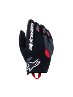 Alpinestars Durack Gloves, Motorcycle Gloves, Black with Deep Gray and Bright Red accents, featuring a textured textile backhand, divided gray knuckle protection, large white Alpinestars wordmark on the index finger, and a white star logo on the neoprene wrist.