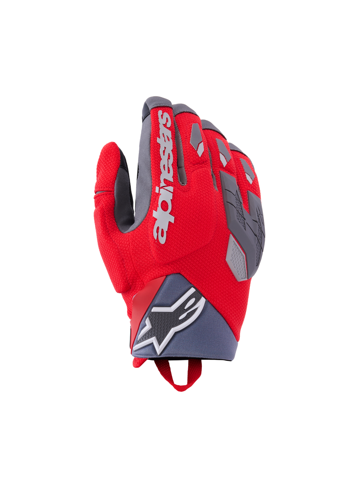 Alpinestars Durack Gloves, Motorcycle Riding Gloves, Bright Red and Mid Gray, featuring divided knuckle protection with gray TPR accents, white Alpinestars branding on the backhand, neoprene wrist cuff with star logo, and performance adventure design