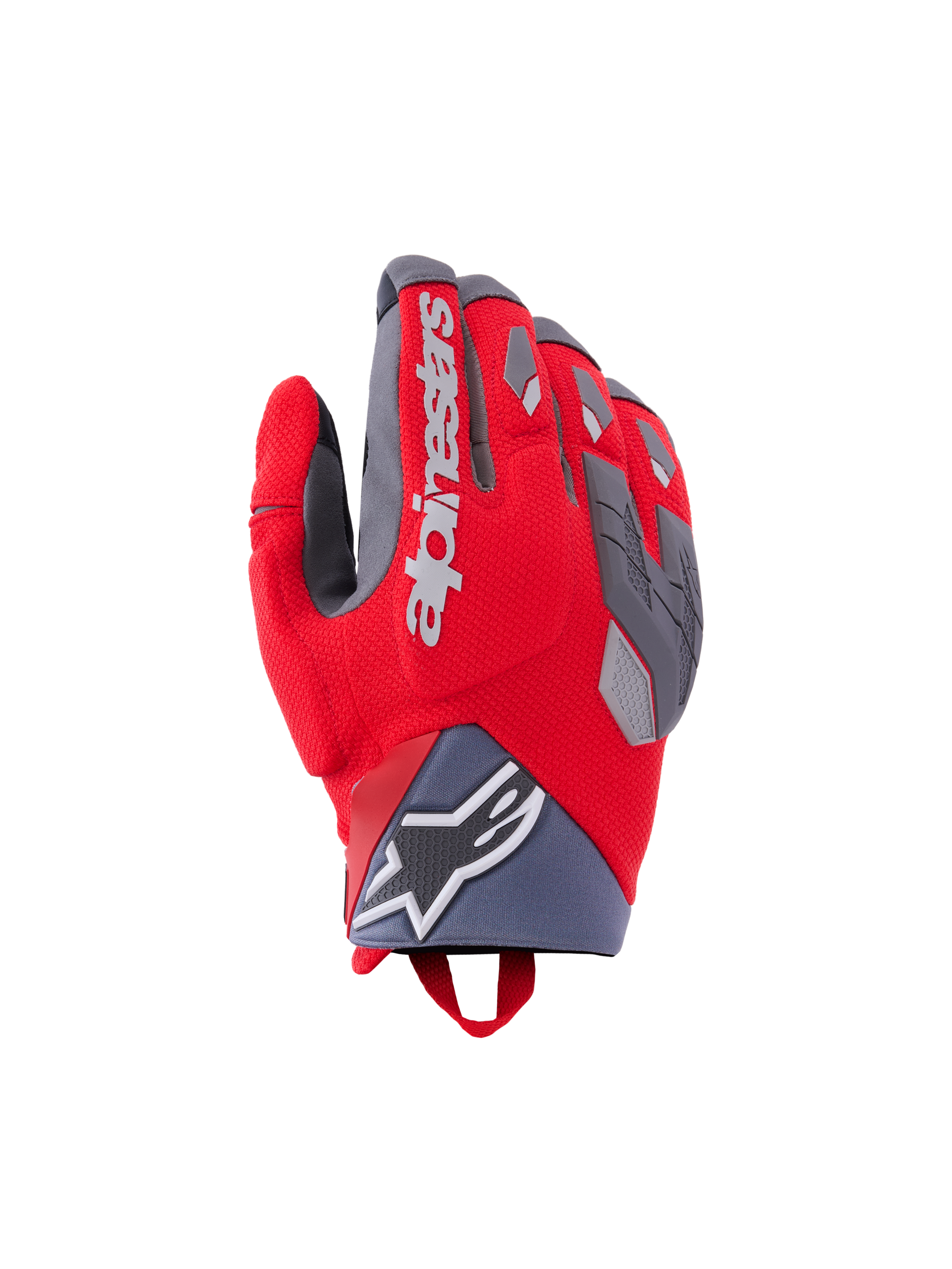 Alpinestars Durack Gloves, Motorcycle Riding Gloves, Red with Gray and Black Accents, White Logo, Textured Fabric with Padded Protection, Knuckle and Fingertip Guards, Wrist Loop, Performance Design