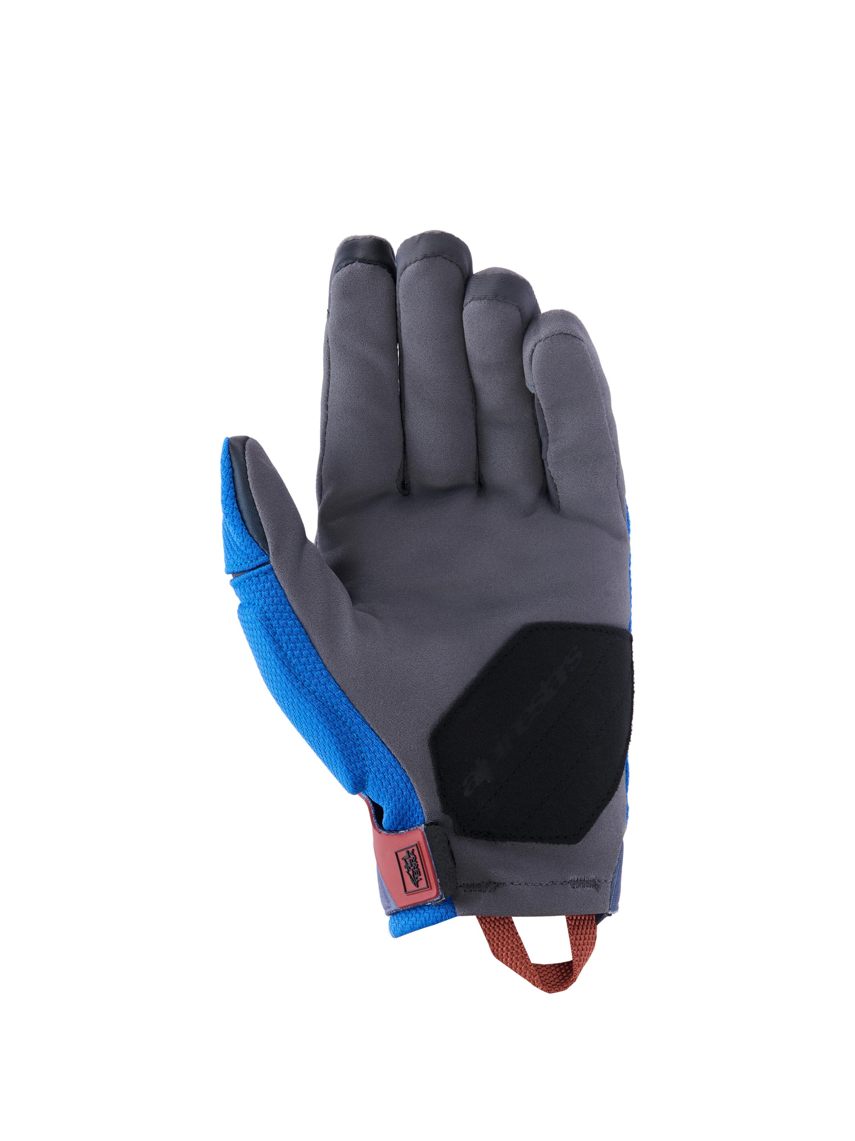Alpinestars Durack Gloves, Adventure Motorcycle Gloves, Royal Blue and Deep Gray, palm view featuring gray synthetic suede construction, black reinforcement padding on the heel, red wrist tab, and orange pull loop.