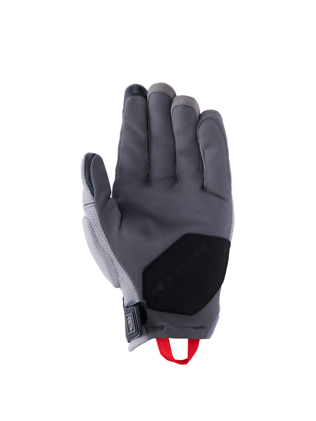Alpinestars Durack Gloves, Motorcycle Gloves, Dark Gray and Mid Gray, palm view featuring synthetic suede construction with a black reinforced palm patch, red pull loop, and neoprene wrist closure, short cuff adventure riding gear